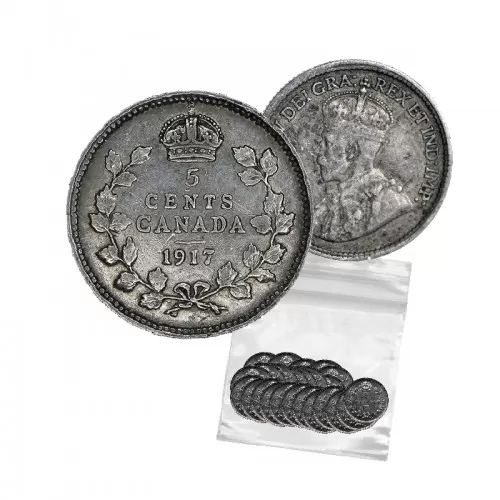 1917 Canadian 5-Cent Small Silver 5pc Coin Lot (F-VF)