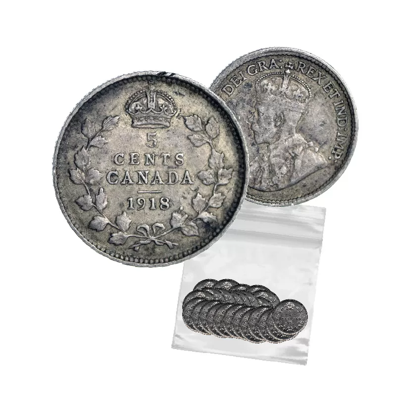 kannnnnページ 1918 Canadian 5-Cent Small Silver 5pc Coin Lot (F-VF)
