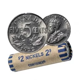 1922 NEAR RIM Canadian 5-Cent Nickel Coin Roll (Circulated)