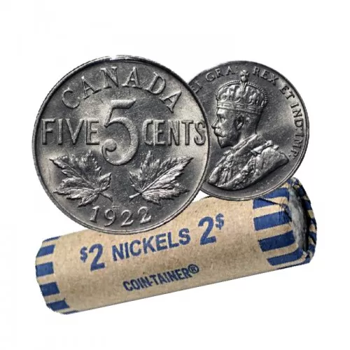 1922 NEAR RIM Canadian 5-Cent Nickel Coin Roll (Circulated)