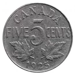 1925 Canadian 5-Cent Large Nickel Coin (F+)
