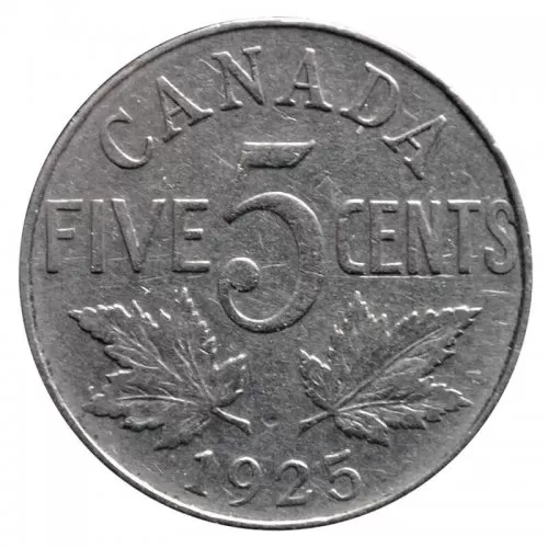 1925 Canadian 5-Cent Large Nickel Coin (F+)