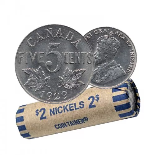 1929 Canadian 5-Cent Nickel Coin Roll (Circulated)