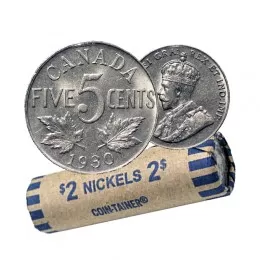 1930 Canadian 5-Cent Nickel Coin Roll (Circulated)
