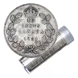 1931 Canadian 10-Cent Small Leaves Silver Dime Roll in Coin Tube (VG-F)