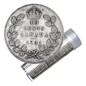 1931 Canadian 10-Cent Small Leaves Silver Dime Roll in Coin Tube (VG-F)