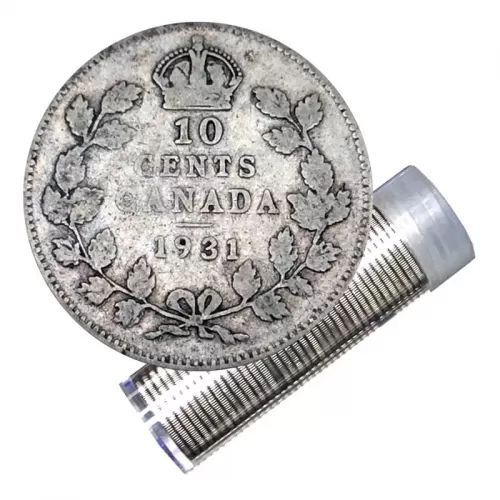 1931 Canadian 10-Cent Small Leaves Silver Dime Roll in Coin Tube (VG-F)