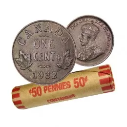 1932 Canadian 1-Cent Small Penny Coin Roll (Circulated)