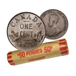 1934 Canadian 1-Cent Small Penny Coin Roll (Circulated)