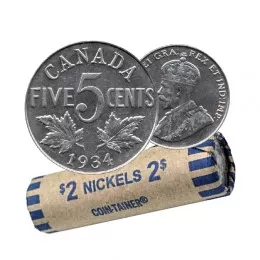 1934 Canadian 5-Cent Nickel Coin Roll (Circulated)