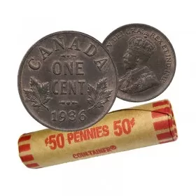 1936 Canadian 1-Cent Small Penny Coin Roll (Circulated)
