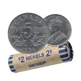 1936 Canadian 5-Cent Nickel Coin Roll (Circulated)