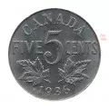 1936 Canadian 5-Cent Nickel Coin Roll (Circulated)