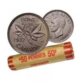 1937 Canadian 1-Cent Maple Leaf Twig Penny Coin Roll (Circulated)