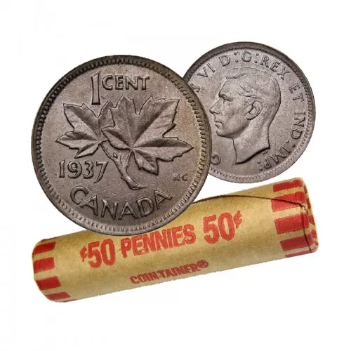 1937 Canadian 1-Cent Maple Leaf Twig Penny Coin Roll (Circulated)