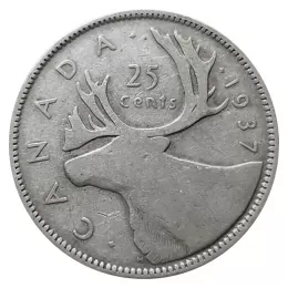1937 Canadian 25-Cent Caribou Silver Quarter Coin (circulated)