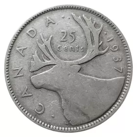 1937 Canadian 25-Cent Caribou Silver Quarter Coin (circulated)