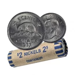 1937 Canadian 5-Cent Beaver Nickel Coin Roll (Circulated)