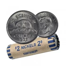 1937 Canadian 5-Cent Beaver Nickel Coin Roll (Circulated)