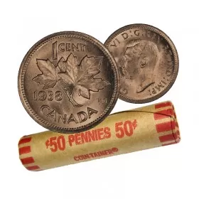 1938 Canadian 1-Cent Maple Leaf Twig Penny Coin Roll (Circulated)