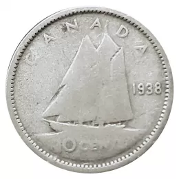 1938 Canadian 10-Cent Bluenose Schooner Dime Silver Coin (Circulated)
