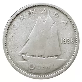 1938 Canadian 10-Cent Bluenose Schooner Dime Silver Coin (Circulated)