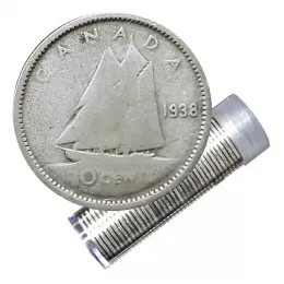 1938 Canadian 10-Cent Bluenose Schooner Silver Dime Roll in Coin Tube (Circulated)