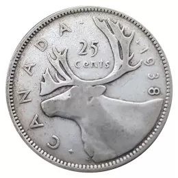 1938 Canadian 25-Cent Caribou Silver Quarter Coin (circulated)