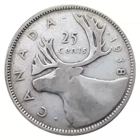 1938 Canadian 25-Cent Caribou Silver Quarter Coin (circulated)