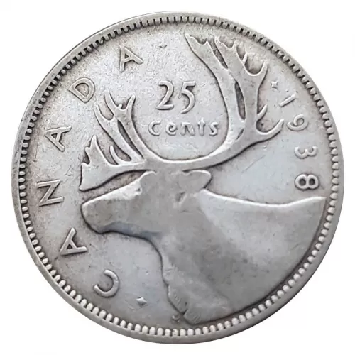 1938 Canadian 25-Cent Caribou Silver Quarter Coin (circulated)