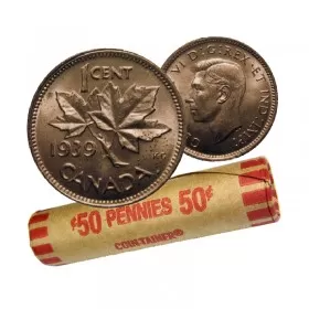 1939 Canadian 1-Cent Maple Leaf Twig Penny Coin Roll (Circulated)