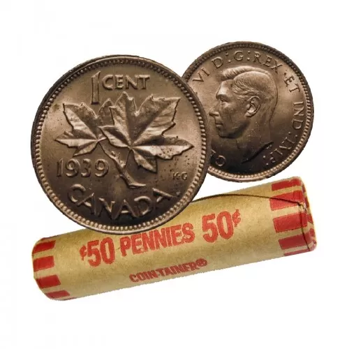 1939 Canadian 1-Cent Maple Leaf Twig Penny Coin Roll (Circulated)