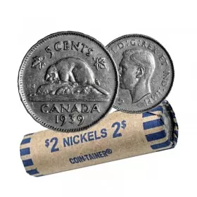 1939 Canadian 5-Cent Beaver Nickel Coin Roll (Circulated)