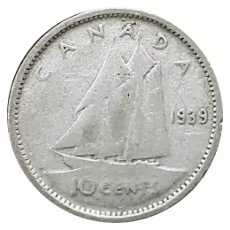 1939 Canadian 10-Cent Bluenose Schooner Dime Silver Coin (Circulated)