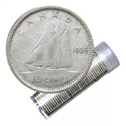1939 Canadian 10-Cent Bluenose Schooner Silver Dime Roll in Coin Tube (Circulated)