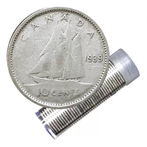 1939 Canadian 10-Cent Bluenose Schooner Silver Dime Roll in Coin Tube (Circulated)