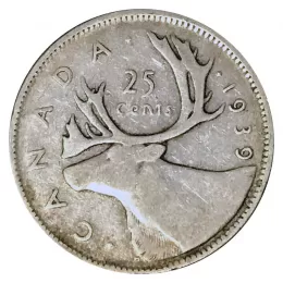 1939 Canadian 25-Cent Caribou Silver Quarter Coin (circulated)