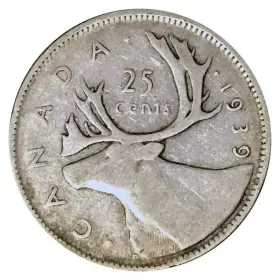 1939 Canadian 25-Cent Caribou Silver Quarter Coin (circulated)
