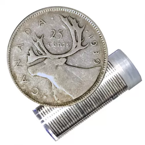 1939 Canadian 25-Cent Caribou Silver Quarter Roll in Coin Tube (Circulated)