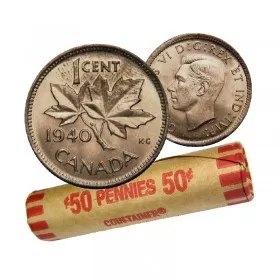 1940 Canadian 1-Cent Maple Leaf Twig Penny Coin Roll (Circulated)