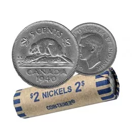 1940 Canadian 5-Cent Beaver Nickel Coin Roll (Circulated)
