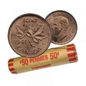 1941 Canadian 1-Cent Maple Leaf Twig Penny Coin Roll (Circulated)