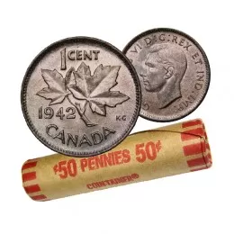 1942 Canadian 1-Cent Maple Leaf Twig Penny Coin Roll (Circulated)