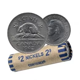 1942 Canadian 5-Cent Beaver Nickel Coin Roll (Circulated)