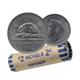 1942 Canadian 5-Cent Beaver Nickel Coin Roll (Circulated)