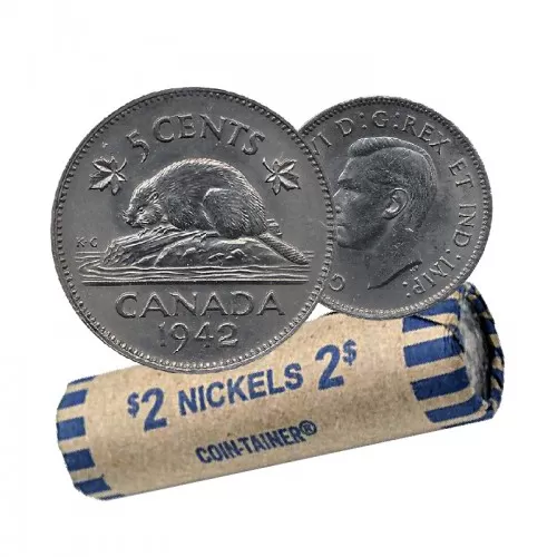 1942 Canadian 5-Cent Beaver Nickel Coin Roll (Circulated)