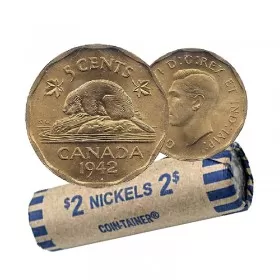 1942 TOMBAC Canadian 5-Cent Beaver Coin Roll (Circulated)