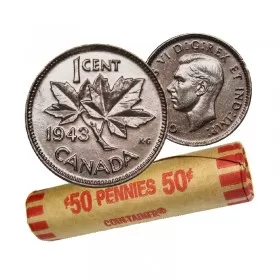 1943 Canadian 1-Cent Maple Leaf Twig Penny Coin Roll (Circulated)
