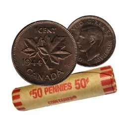 1944 Canadian 1-Cent Maple Leaf Twig Penny Coin Roll (Circulated)