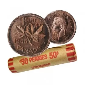 1945 Canadian 1-Cent Maple Leaf Twig Penny Coin Roll (Circulated)
